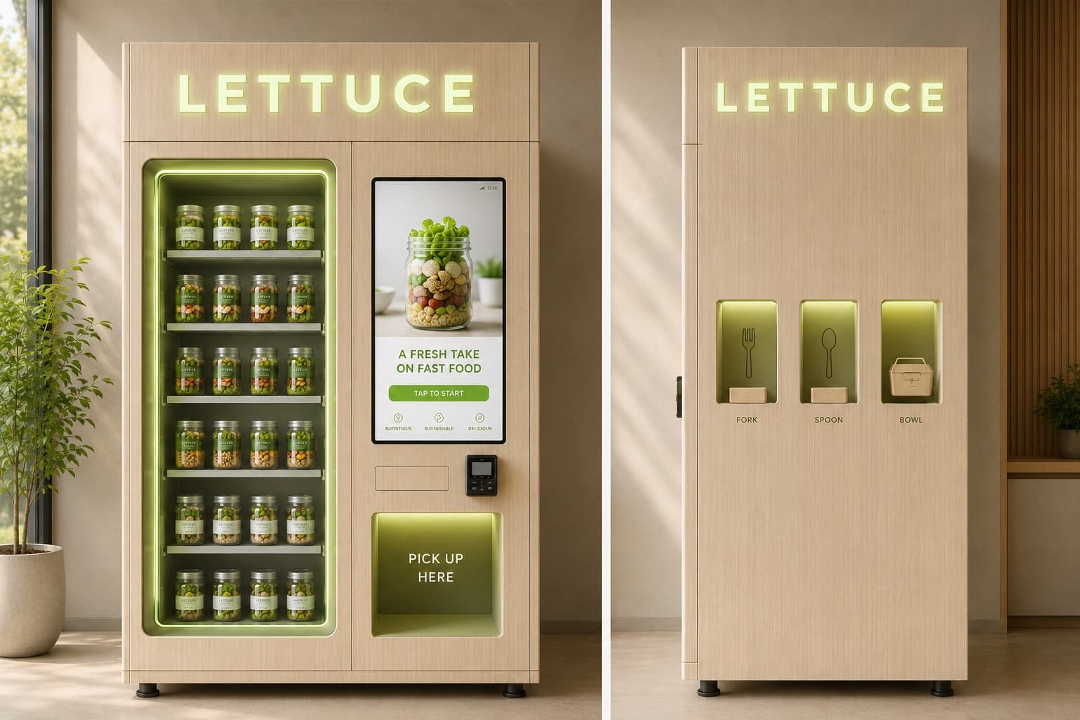 Lettuce-stasjon i bjørke-laminat med glassfront, jars på hyller, touchscreen som viser meny, og henteluke — ved siden av en utstyrs-søyle for bestikk og bowls.